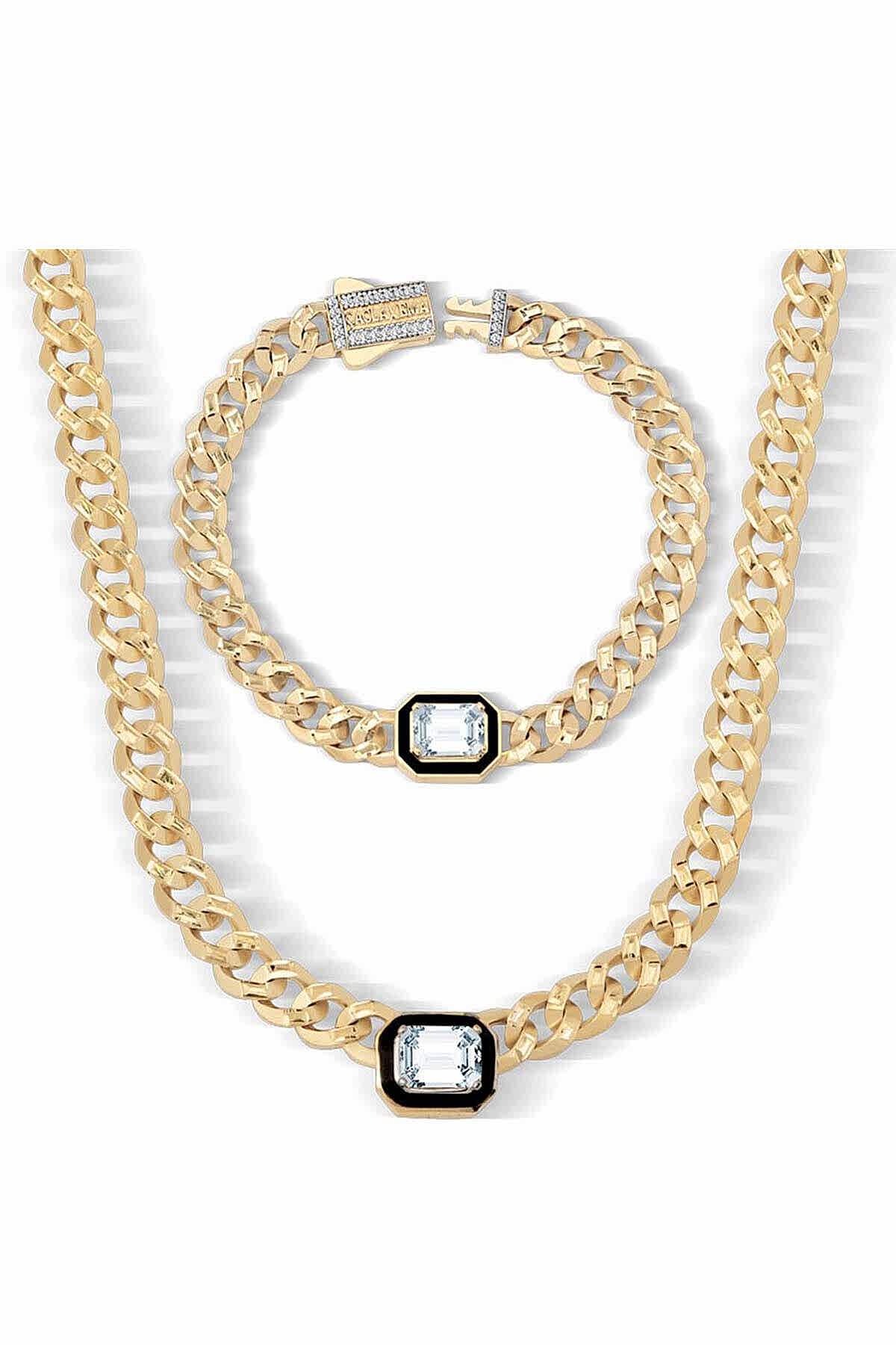 Çağla Ema 7mm Baget Taşlı Altın Gurmet Set